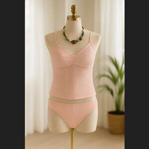 Hula Honey Bikini Set Medium Pink Crochet Overlay Tankini Halter Hipster Bottom